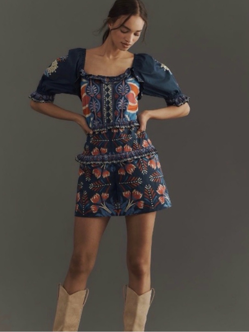 Farm Rip Anthropologie Puff Sleeve Ruffled Romper size S